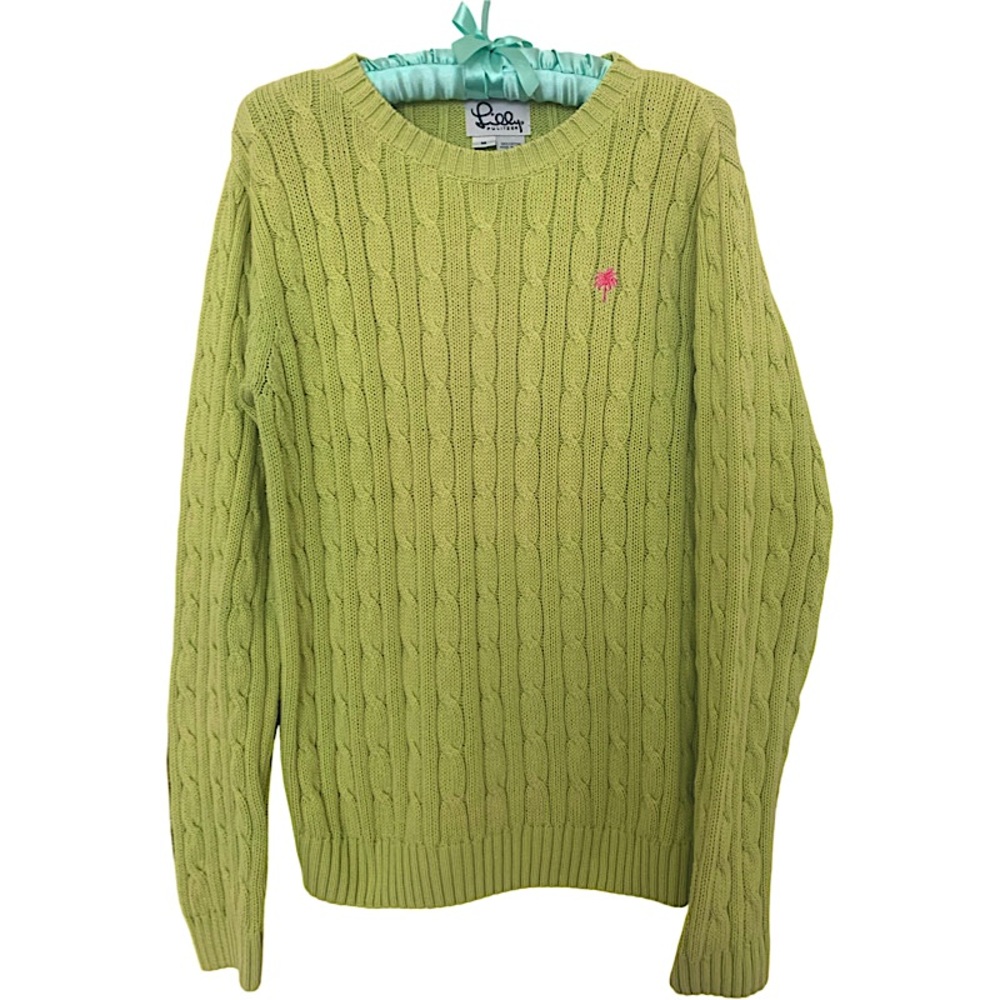 Lily Pulitzer Green Pink Palm Tree Cotton Cable Knit Chunky Sweater Sz M